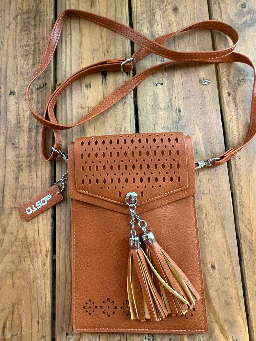 Ost Tan Perforated Crossbody Phone Bag with Tassel